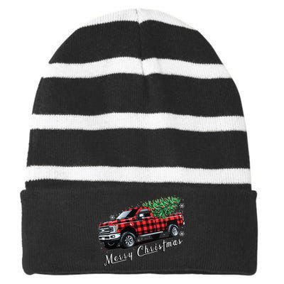 Red Buffalo Plaid Pickup Truck With Tree Merry Christmas Striped Beanie with Solid Band