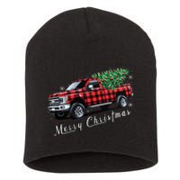 Red Buffalo Plaid Pickup Truck With Tree Merry Christmas Short Acrylic Beanie