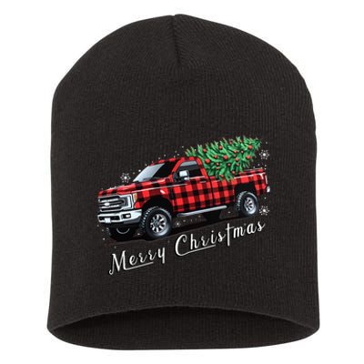 Red Buffalo Plaid Pickup Truck With Tree Merry Christmas Short Acrylic Beanie