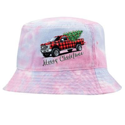 Red Buffalo Plaid Pickup Truck With Tree Merry Christmas Tie-Dyed Bucket Hat