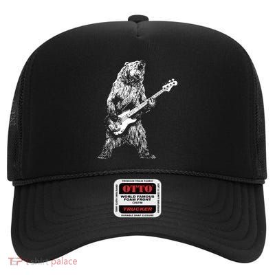 Retro Bear Playing Bass Guitar Bear Guitarist Music Lovers High Crown Mesh Back Trucker Hat