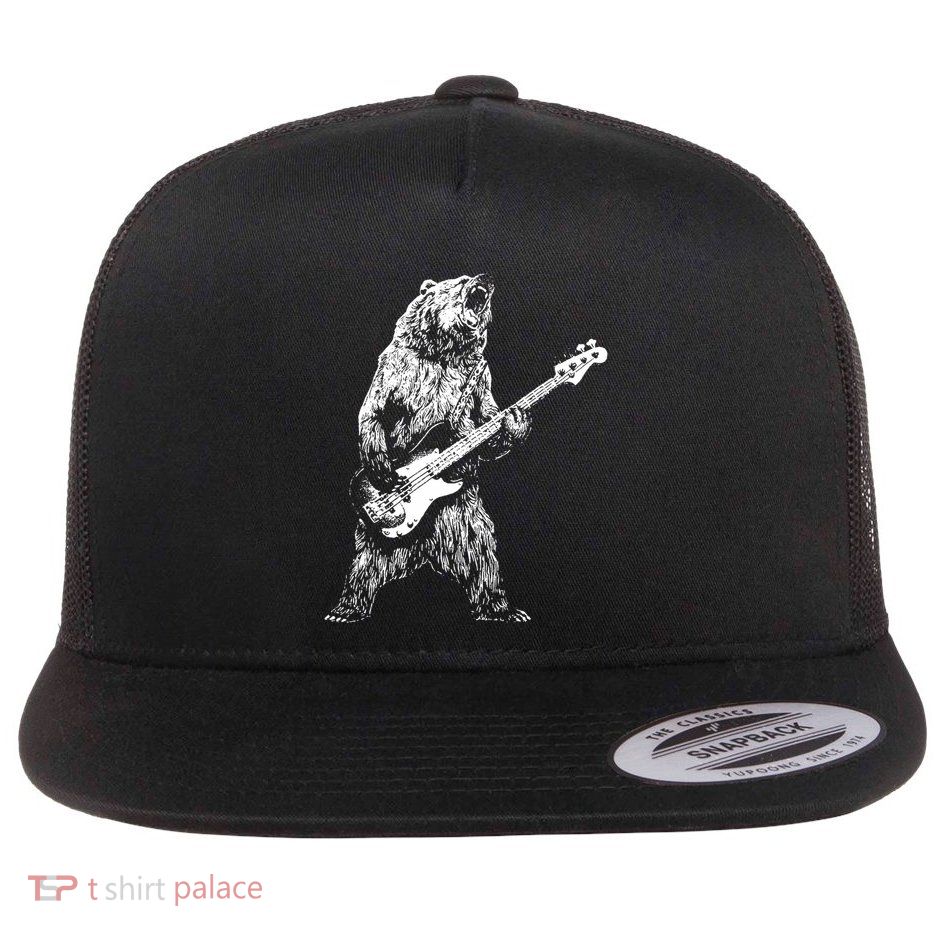 Retro Bear Playing Bass Guitar Bear Guitarist Music Lovers Flat Bill Trucker Hat