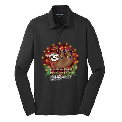 Red Buffalo Plaid Merry Slothmas Tangled Christmas Lights Gift Silk Touch Performance Long Sleeve Polo