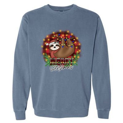 Red Buffalo Plaid Merry Slothmas Tangled Christmas Lights Gift Garment-Dyed Sweatshirt