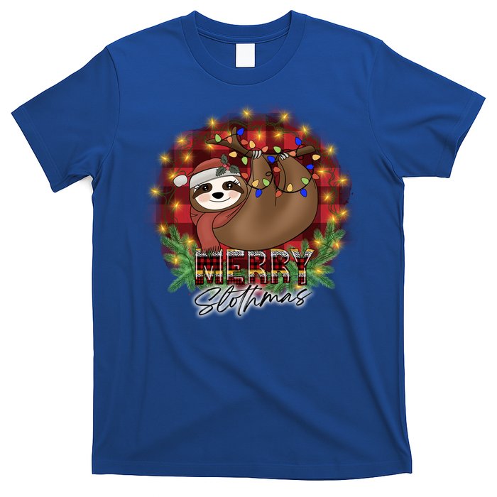 Red Buffalo Plaid Merry Slothmas Tangled Christmas Lights Gift T-Shirt