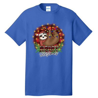 Red Buffalo Plaid Merry Slothmas Tangled Christmas Lights Gift Tall T-Shirt