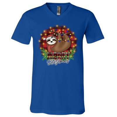 Red Buffalo Plaid Merry Slothmas Tangled Christmas Lights Gift V-Neck T-Shirt