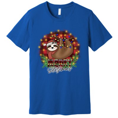 Red Buffalo Plaid Merry Slothmas Tangled Christmas Lights Gift Premium T-Shirt