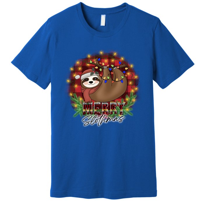 Red Buffalo Plaid Merry Slothmas Tangled Christmas Lights Gift Premium T-Shirt