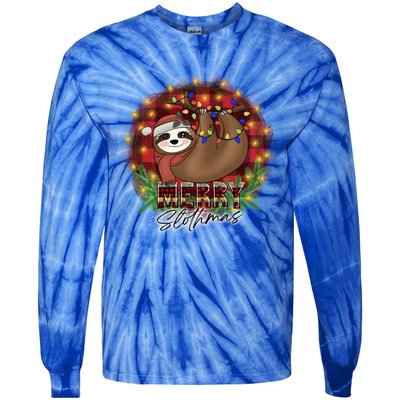 Red Buffalo Plaid Merry Slothmas Tangled Christmas Lights Gift Tie-Dye Long Sleeve Shirt