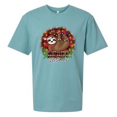 Red Buffalo Plaid Merry Slothmas Tangled Christmas Lights Gift Sueded Cloud Jersey T-Shirt