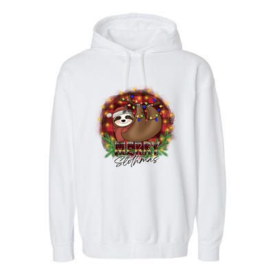 Red Buffalo Plaid Merry Slothmas Tangled Christmas Lights Gift Garment-Dyed Fleece Hoodie