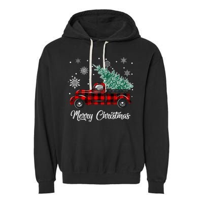 Red Buffalo Plaid Pickup Truck with Tree Merry Christmas Garment-Dyed Fleece Hoodie