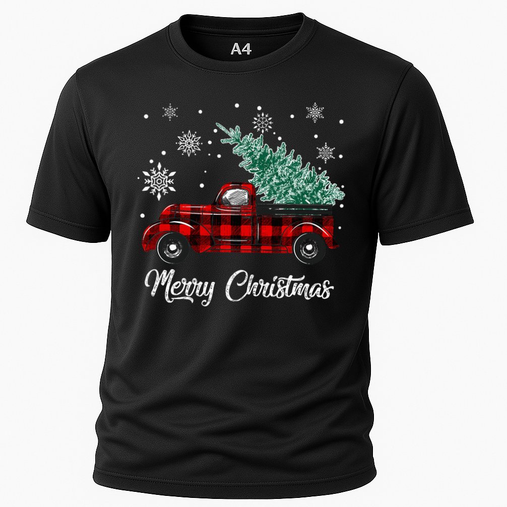 Red Buffalo Plaid Pickup Truck with Tree Merry Christmas Cooling Performance Crew T-Shirt