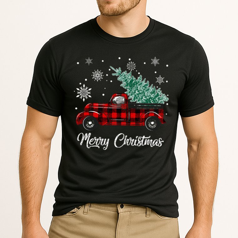 Red Buffalo Plaid Pickup Truck with Tree Merry Christmas Cooling Performance Crew T-Shirt