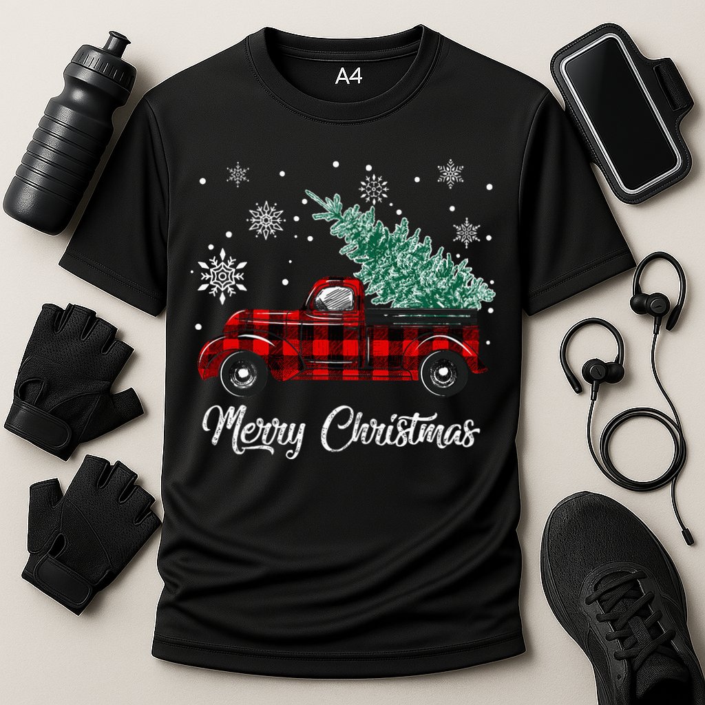 Red Buffalo Plaid Pickup Truck with Tree Merry Christmas Cooling Performance Crew T-Shirt