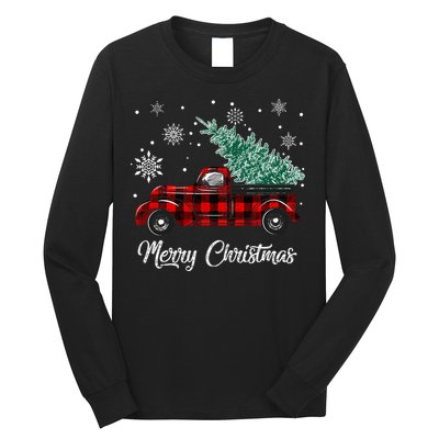 Red Buffalo Plaid Pickup Truck with Tree Merry Christmas Long Sleeve Shirt
