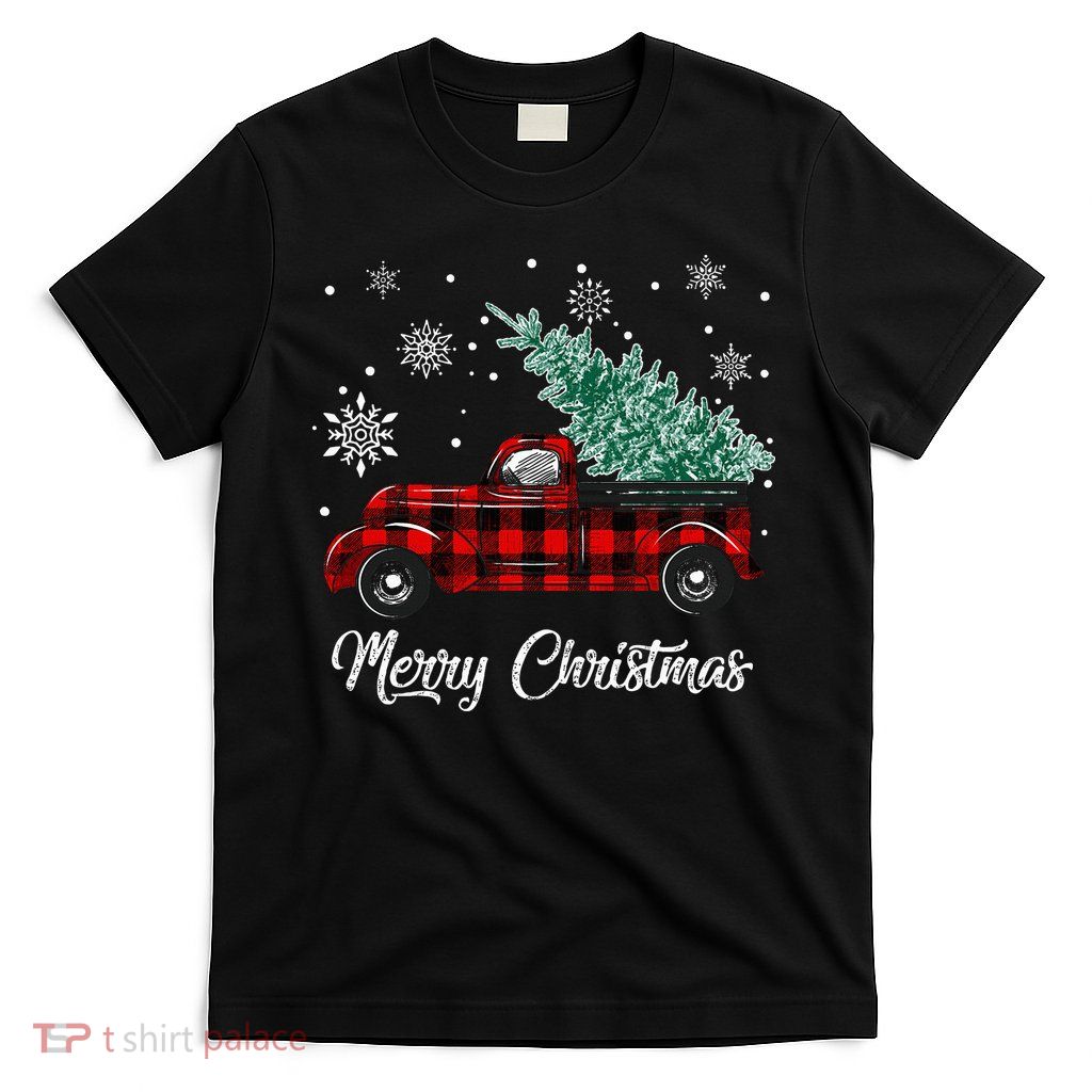 Red Buffalo Plaid Pickup Truck with Tree Merry Christmas T-Shirt