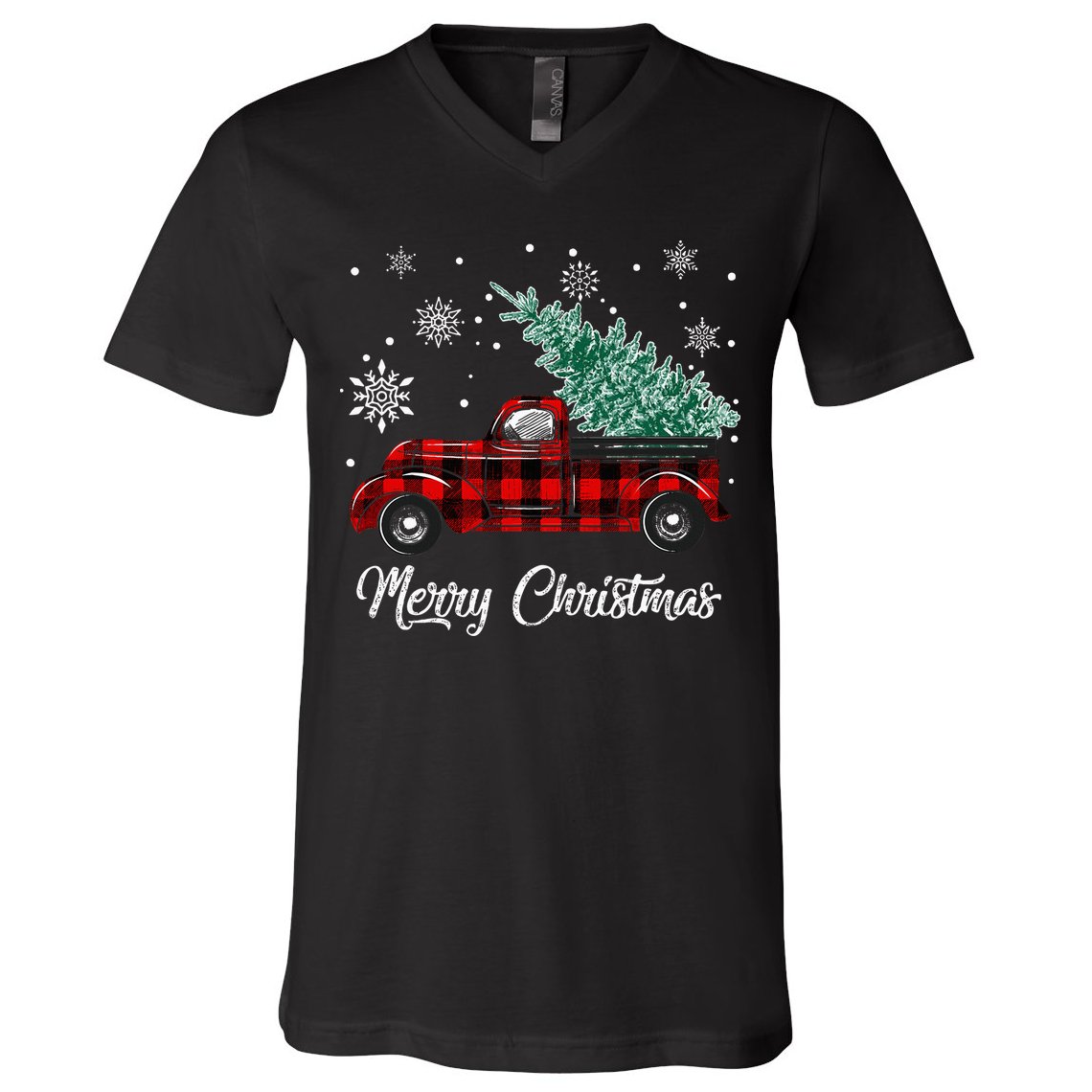 Red Buffalo Plaid Pickup Truck with Tree Merry Christmas V-Neck T-Shirt