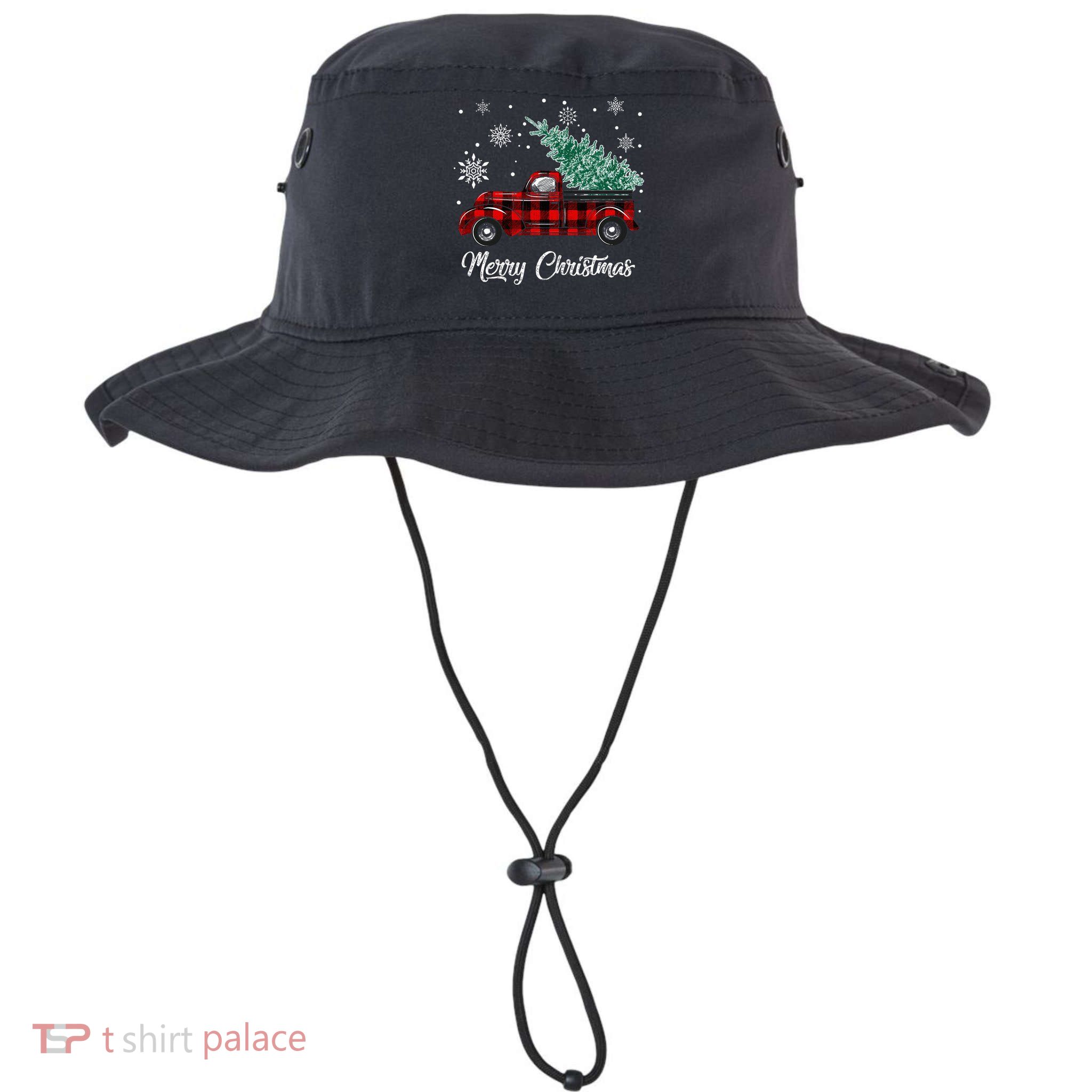 Red Buffalo Plaid Pickup Truck with Tree Merry Christmas Bucket Hat