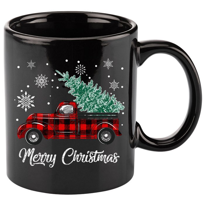 Red Buffalo Plaid Pickup Truck with Tree Merry Christmas 11oz C Handle Ceramic Mug