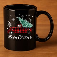 Red Buffalo Plaid Pickup Truck with Tree Merry Christmas 11oz C Handle Ceramic Mug