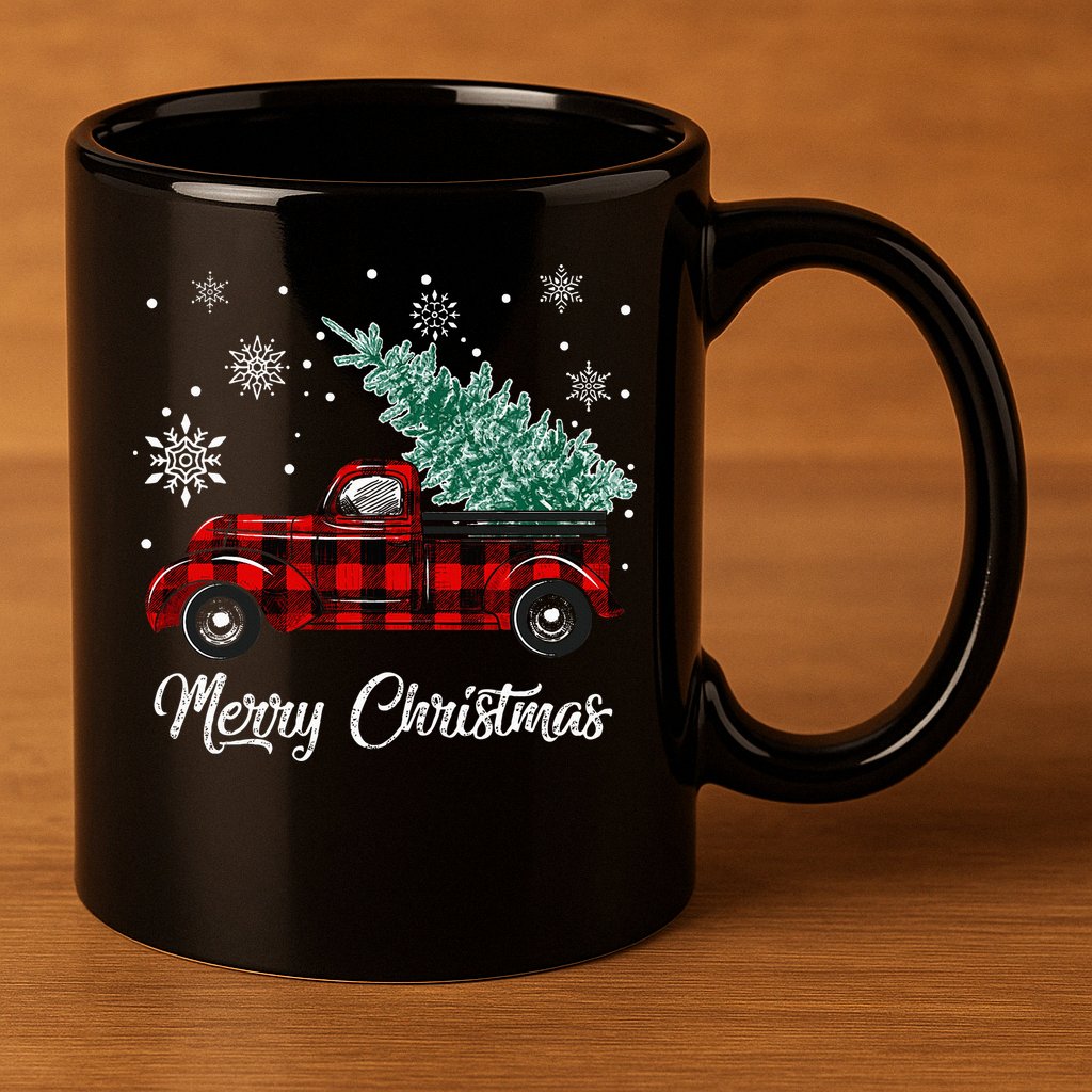 Red Buffalo Plaid Pickup Truck with Tree Merry Christmas 11oz C Handle Ceramic Mug
