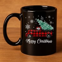 Red Buffalo Plaid Pickup Truck with Tree Merry Christmas 11oz C Handle Ceramic Mug