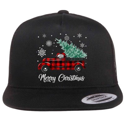 Red Buffalo Plaid Pickup Truck with Tree Merry Christmas Flat Bill Trucker Hat