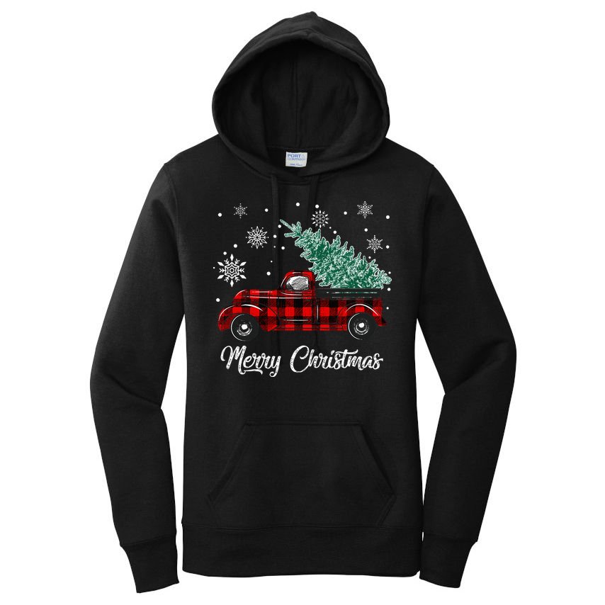 Red Buffalo Plaid Pickup Truck with Tree Merry Christmas Women's Pullover Hoodie
