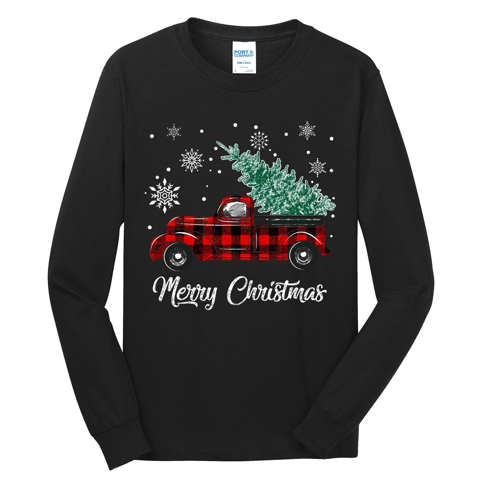 Red Buffalo Plaid Pickup Truck with Tree Merry Christmas Tall Long Sleeve T-Shirt
