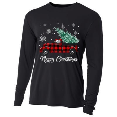 Red Buffalo Plaid Pickup Truck with Tree Merry Christmas Cooling Performance Long Sleeve Crew
