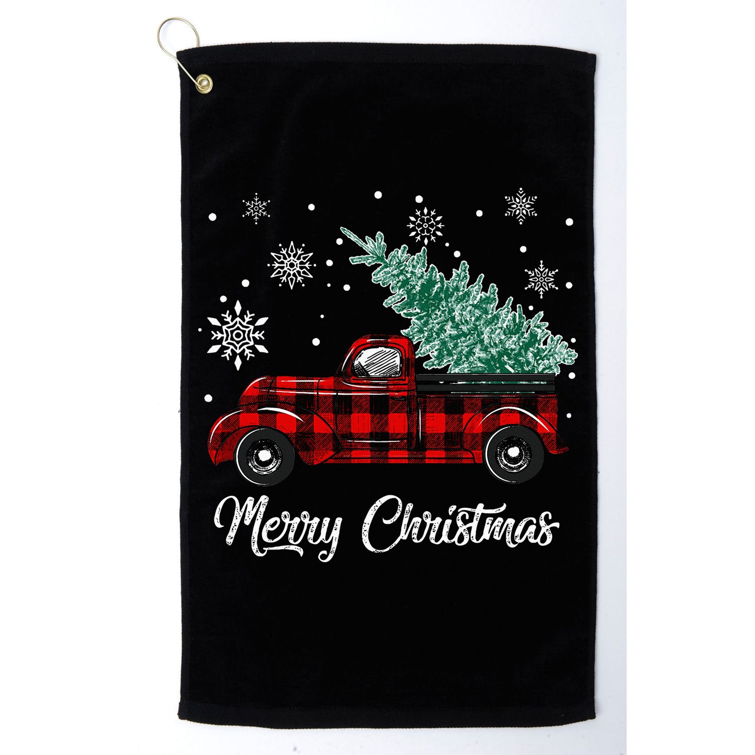 Red Buffalo Plaid Pickup Truck with Tree Merry Christmas Golf Towel