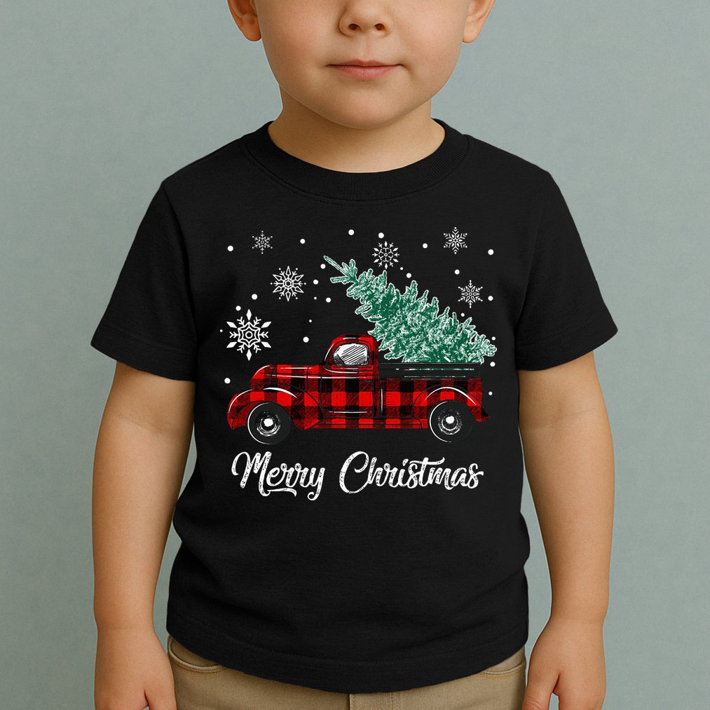 Red Buffalo Plaid Pickup Truck with Tree Merry Christmas Toddler T-Shirt