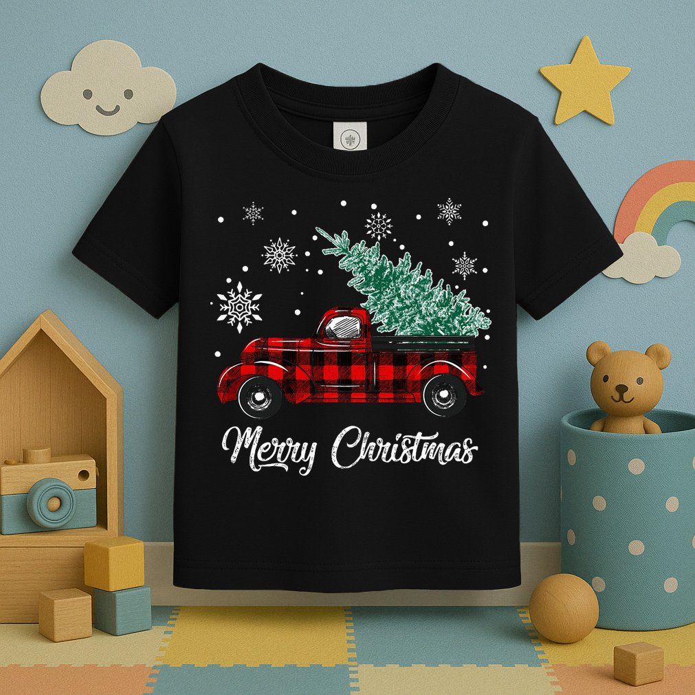 Red Buffalo Plaid Pickup Truck with Tree Merry Christmas Toddler T-Shirt