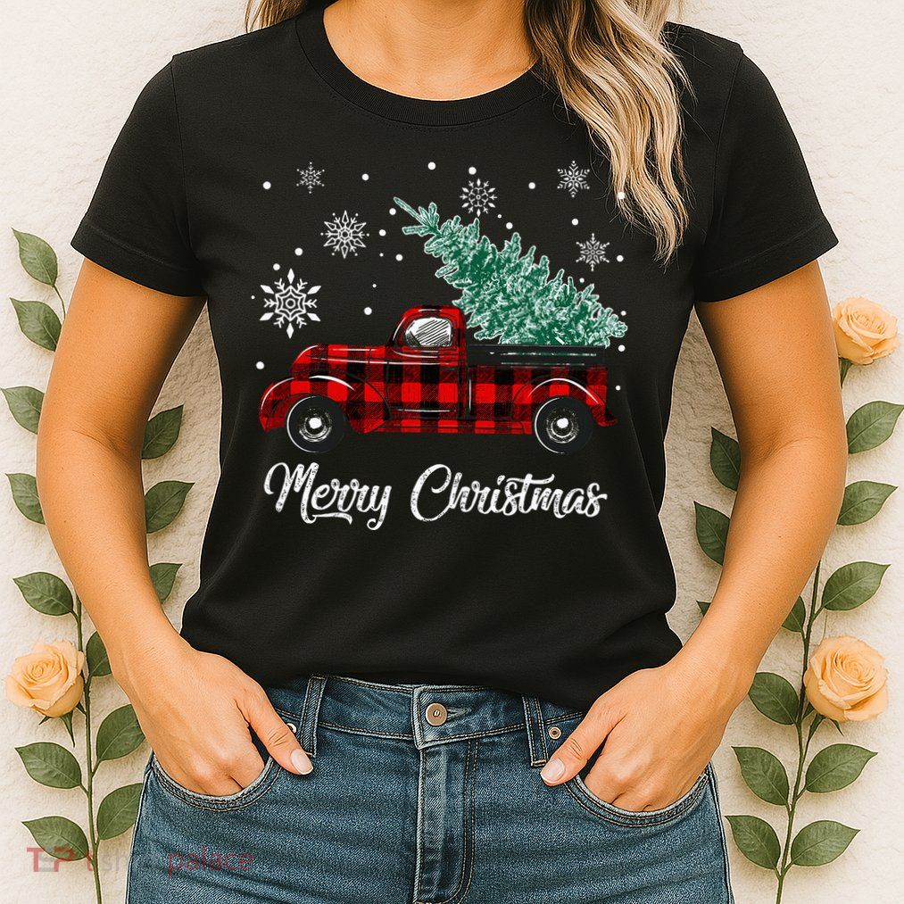 Red Buffalo Plaid Pickup Truck with Tree Merry Christmas Womens T-Shirt