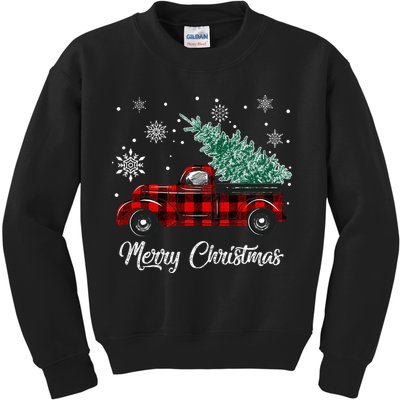 Red Buffalo Plaid Pickup Truck with Tree Merry Christmas Kids Sweatshirt