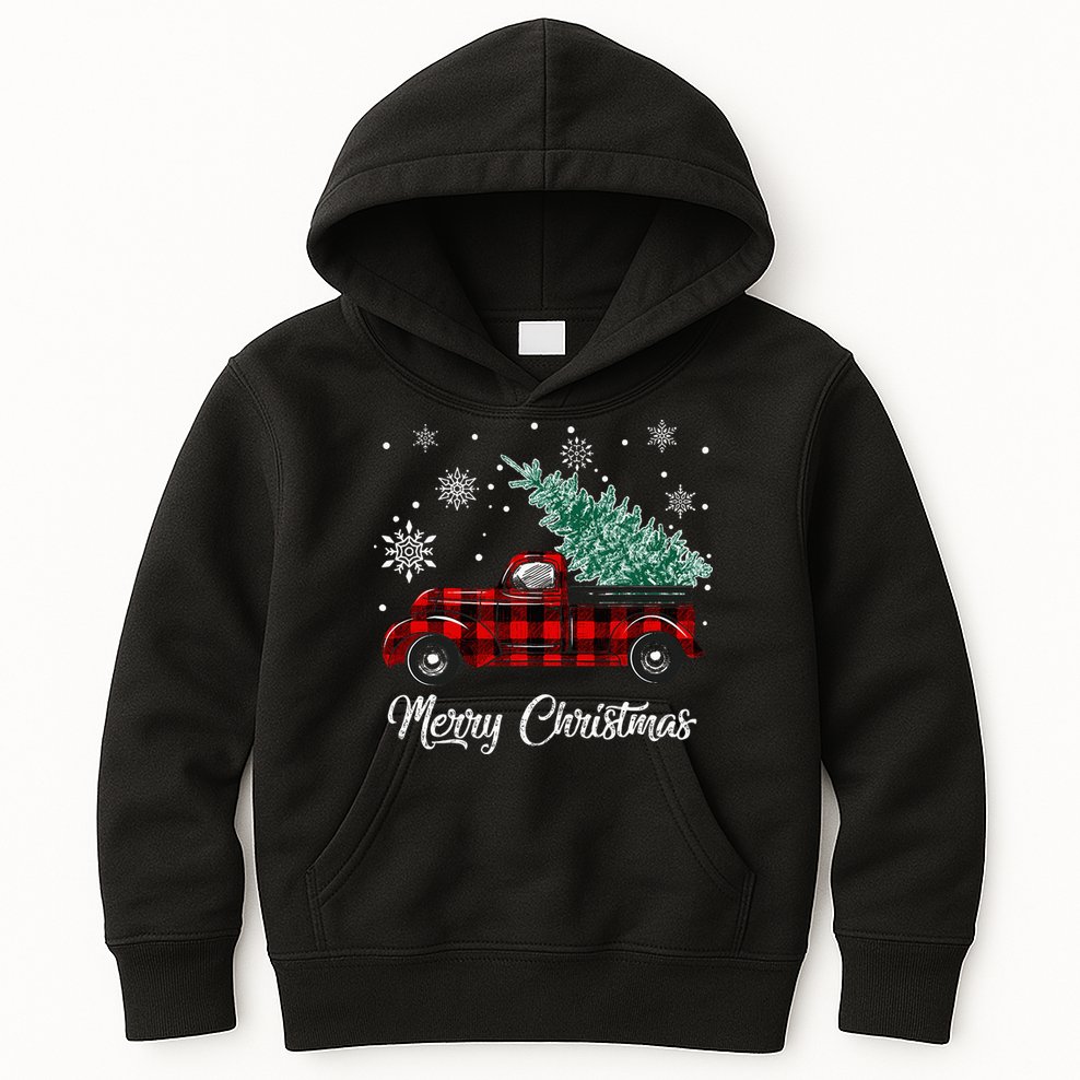 Red Buffalo Plaid Pickup Truck with Tree Merry Christmas Kids Hoodie