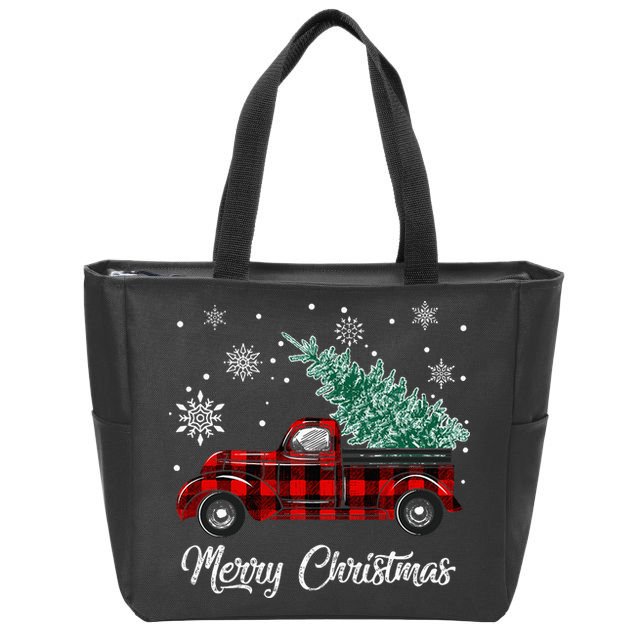 Red Buffalo Plaid Pickup Truck with Tree Merry Christmas Zip Tote Bag