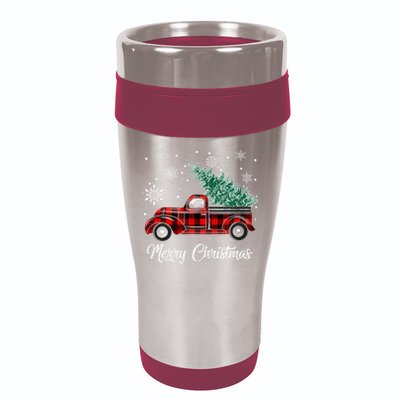 Red Buffalo Plaid Pickup Truck with Tree Merry Christmas 16oz Travel Tumbler