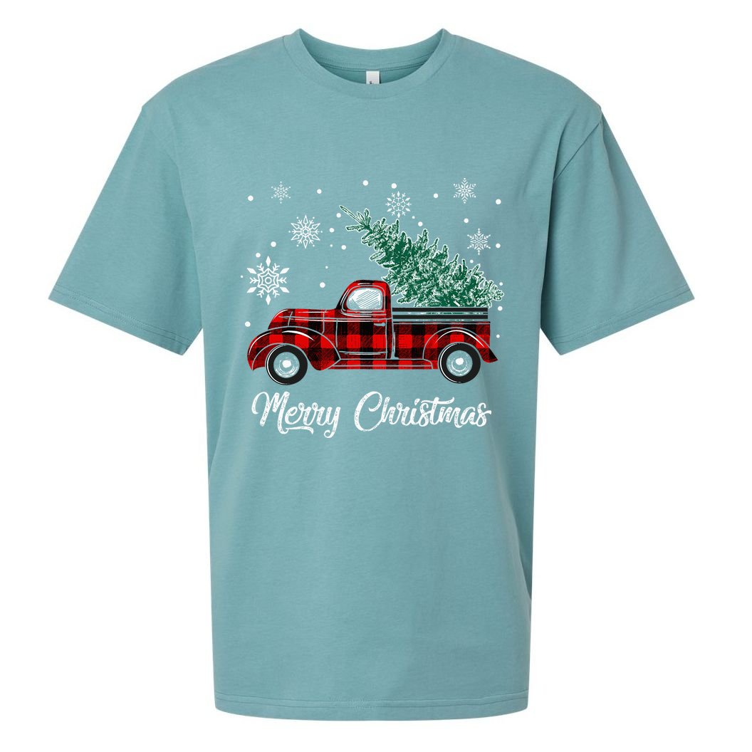 Red Buffalo Plaid Pickup Truck with Tree Merry Christmas Sueded Cloud Jersey T-Shirt