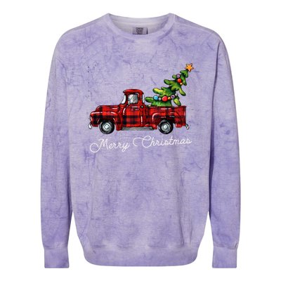 Red Buffalo Plaid Pickup Truck With Tree Merry Christmas Long Sleeve Colorblast Crewneck Sweatshirt