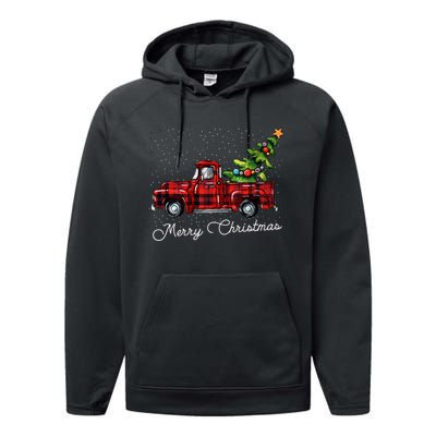 Red Buffalo Plaid Pickup Truck With Tree Merry Christmas Long Sleeve Performance Fleece Hoodie