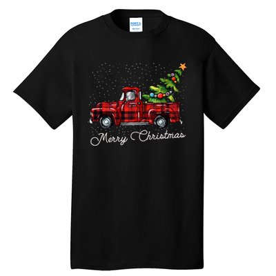 Red Buffalo Plaid Pickup Truck With Tree Merry Christmas Long Sleeve Tall T-Shirt