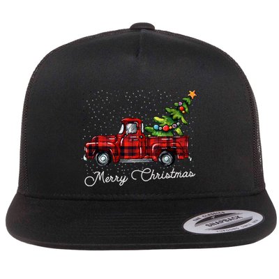 Red Buffalo Plaid Pickup Truck With Tree Merry Christmas Long Sleeve Flat Bill Trucker Hat