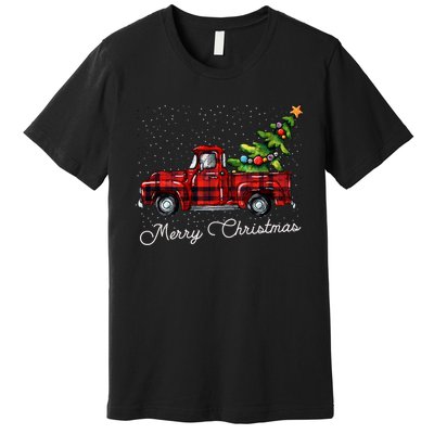 Red Buffalo Plaid Pickup Truck With Tree Merry Christmas Long Sleeve Premium T-Shirt