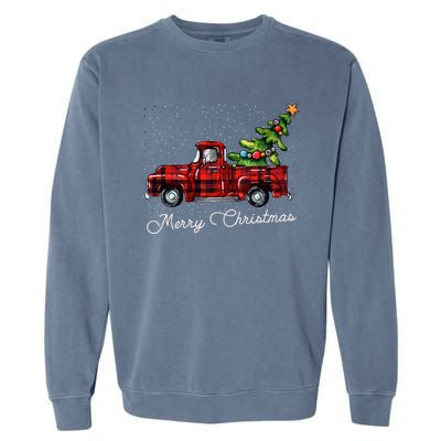 Red Buffalo Plaid Pickup Truck With Tree Merry Christmas Long Sleeve Garment-Dyed Sweatshirt