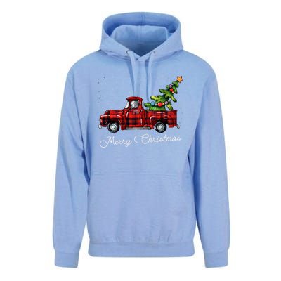 Red Buffalo Plaid Pickup Truck With Tree Merry Christmas Long Sleeve Unisex Surf Hoodie