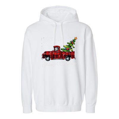 Red Buffalo Plaid Pickup Truck With Tree Merry Christmas Long Sleeve Garment-Dyed Fleece Hoodie