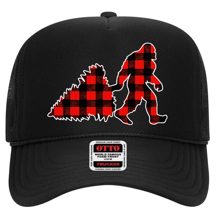 Red Buffalo Plaid Pajama Bigfoot Christmas High Crown Mesh Back Trucker Hat